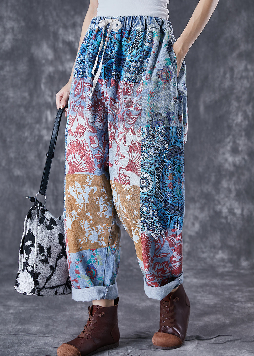 Women Blue Oversized Print Denim Harem Pants Fall TD1046 - fabuloryshop