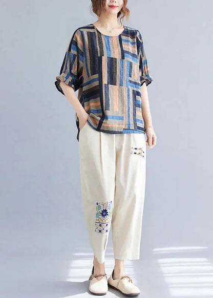 Women Blue Oversized Striped Linen Shirt Tops Summer Ada Fashion