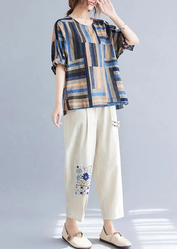 Women Blue Oversized Striped Linen Shirt Tops Summer Ada Fashion