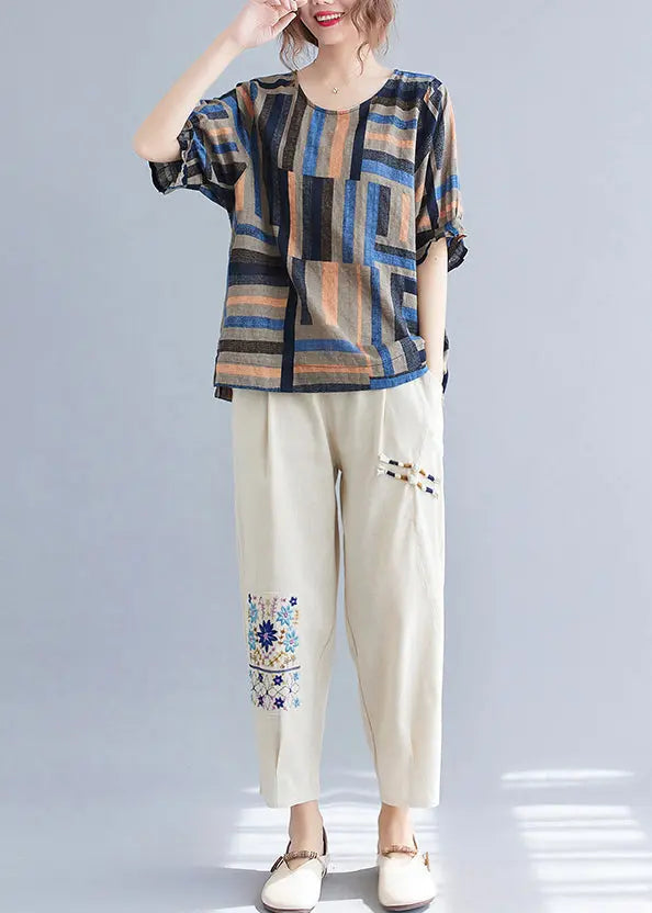 Women Blue Oversized Striped Linen Shirt Tops Summer Ada Fashion