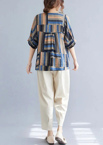 Women Blue Oversized Striped Linen Shirt Tops Summer Ada Fashion