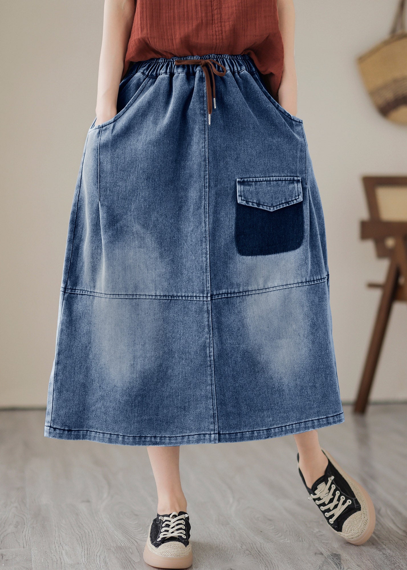 Women Blue Patchwork Drawstring Elastic Waist Denim Skirts Summer LY2987 - fabuloryshop