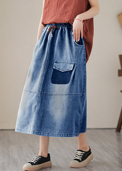 Women Blue Patchwork Drawstring Elastic Waist Denim Skirts Summer LY2987 - fabuloryshop