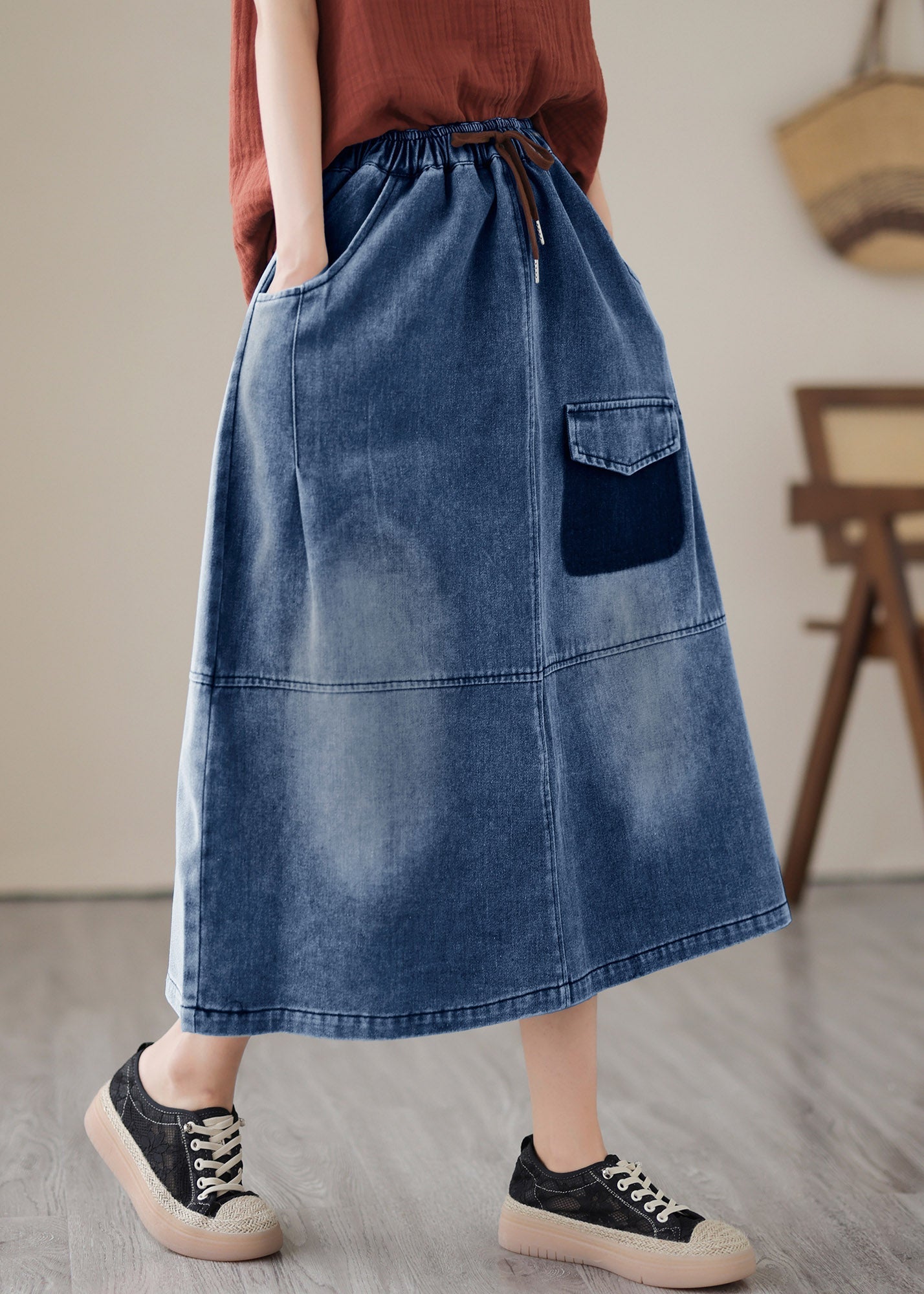 Women Blue Patchwork Drawstring Elastic Waist Denim Skirts Summer LY2987 - fabuloryshop