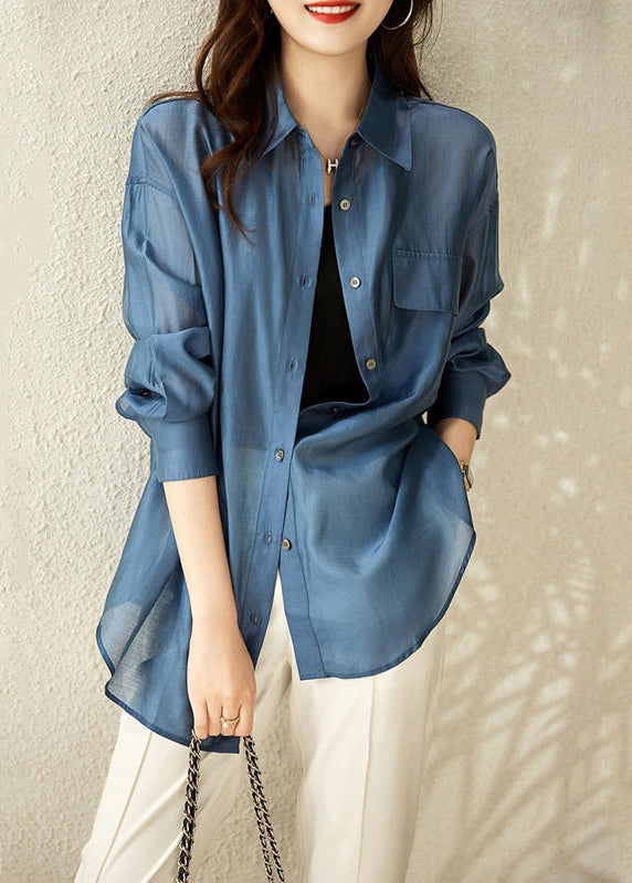 Women Blue Peter Pan Collar Button Patchwork Cotton Shirt Fall Ada Fashion