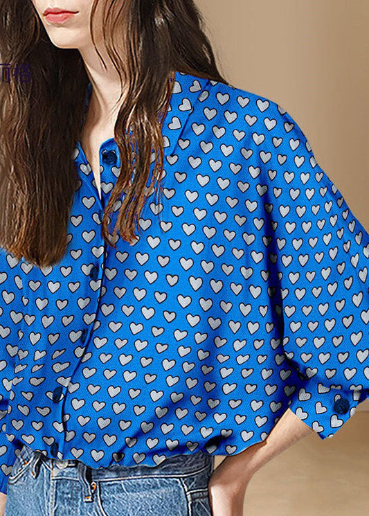 Women Blue Peter Pan Collar Heart Print Patchwork Cotton Shirt Tops Spring LY4606 - fabuloryshop