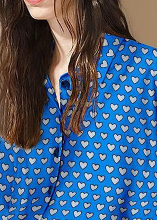 Women Blue Peter Pan Collar Heart Print Patchwork Cotton Shirt Tops Spring LY4606 - fabuloryshop