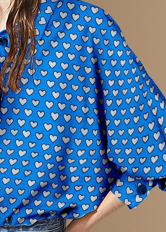 Women Blue Peter Pan Collar Heart Print Patchwork Cotton Shirt Tops Spring LY4606 - fabuloryshop