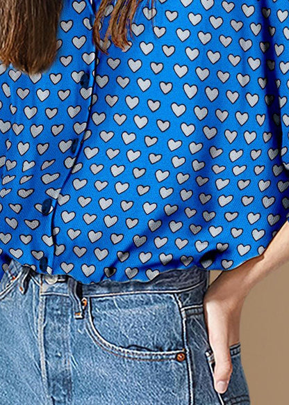 Women Blue Peter Pan Collar Heart Print Patchwork Cotton Shirt Tops Spring LY4606 - fabuloryshop