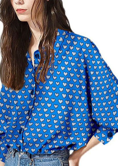 Women Blue Peter Pan Collar Heart Print Patchwork Cotton Shirt Tops Spring LY4606 - fabuloryshop