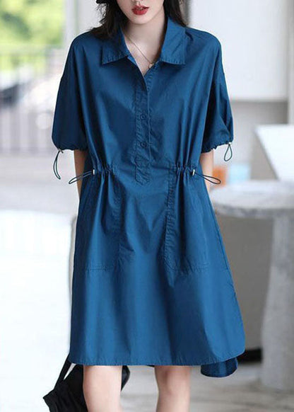 Women Blue Peter Pan Collar Patchwork Cotton Shirts Dresses Summer LY4667 - fabuloryshop