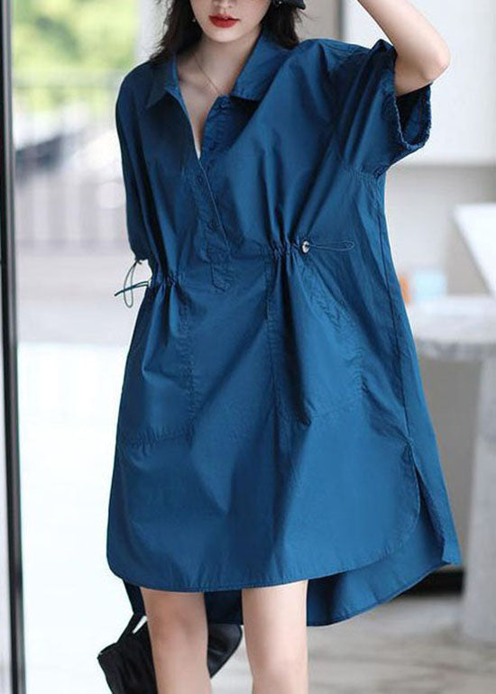 Women Blue Peter Pan Collar Patchwork Cotton Shirts Dresses Summer LY4667 - fabuloryshop