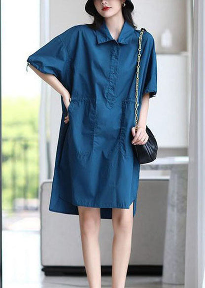 Women Blue Peter Pan Collar Patchwork Cotton Shirts Dresses Summer LY4667 - fabuloryshop