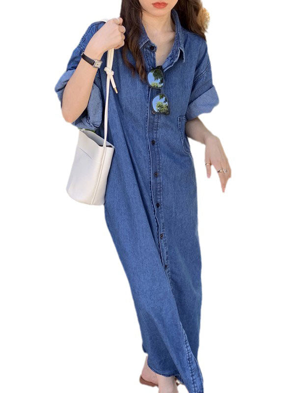 Women Blue Peter Pan Collar Patchwork Denim Shirts Dresses Summer LY1351 - fabuloryshop