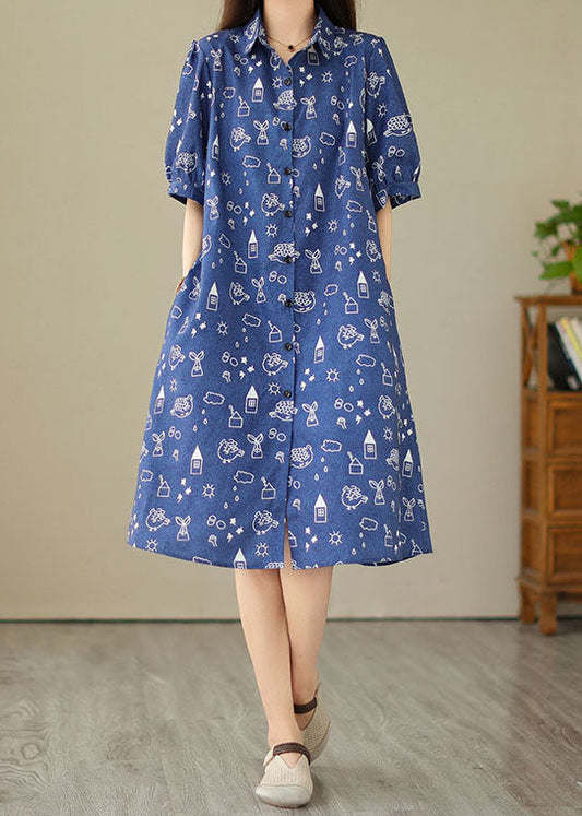 Women Blue Peter Pan Collar Print Patchwork Denim Shirts Dress Summer LY3958 - fabuloryshop