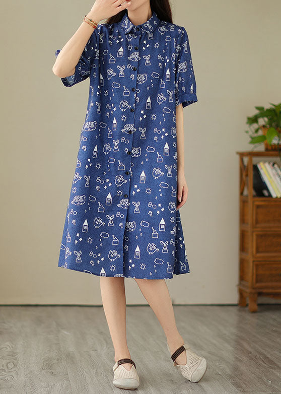 Women Blue Peter Pan Collar Print Patchwork Denim Shirts Dress Summer LY3958 - fabuloryshop