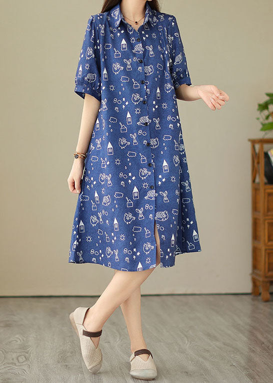 Women Blue Peter Pan Collar Print Patchwork Denim Shirts Dress Summer LY3958 - fabuloryshop