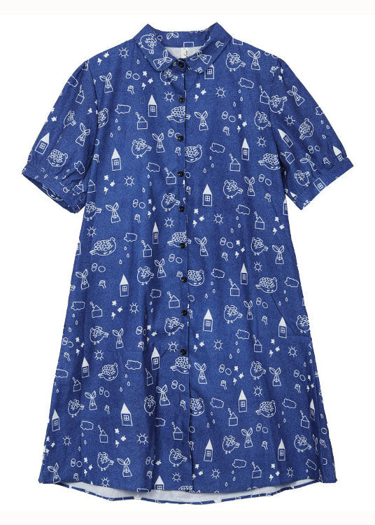 Women Blue Peter Pan Collar Print Patchwork Denim Shirts Dress Summer LY3958 - fabuloryshop