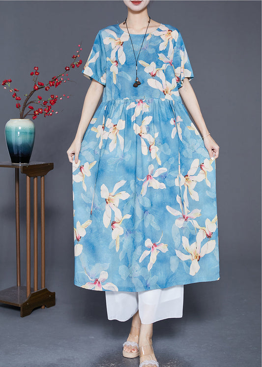 Women Blue Print Exra Large Hem Linen Vacation Dresses Summer Ada Fashion