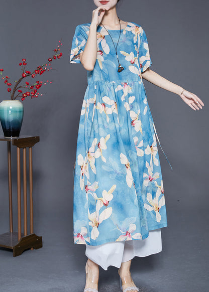 Women Blue Print Exra Large Hem Linen Vacation Dresses Summer Ada Fashion