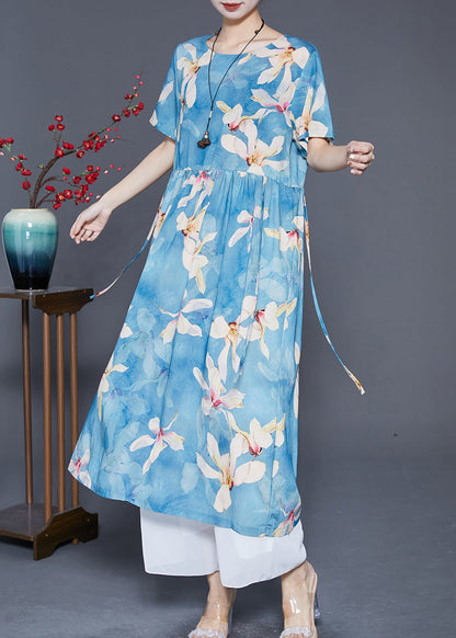 Women Blue Print Exra Large Hem Linen Vacation Dresses Summer Ada Fashion