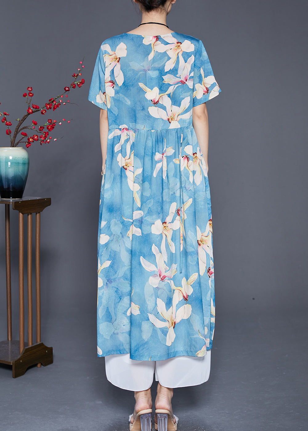 Women Blue Print Exra Large Hem Linen Vacation Dresses Summer Ada Fashion