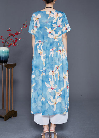 Women Blue Print Exra Large Hem Linen Vacation Dresses Summer Ada Fashion