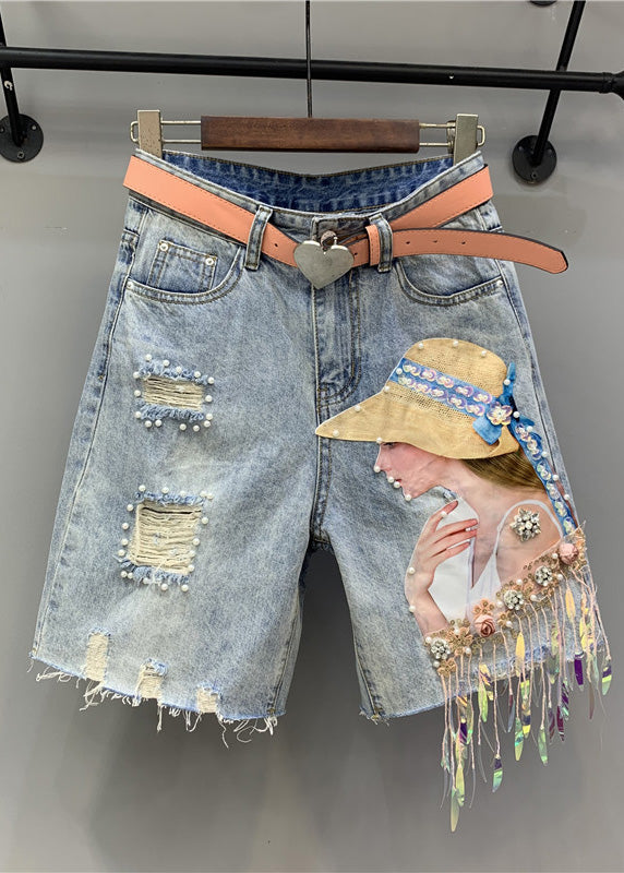 Women Blue Print Nail Bead Tassel Ripped Shorts TY1021 - fabuloryshop