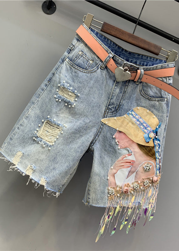 Women Blue Print Nail Bead Tassel Ripped Shorts TY1021 - fabuloryshop