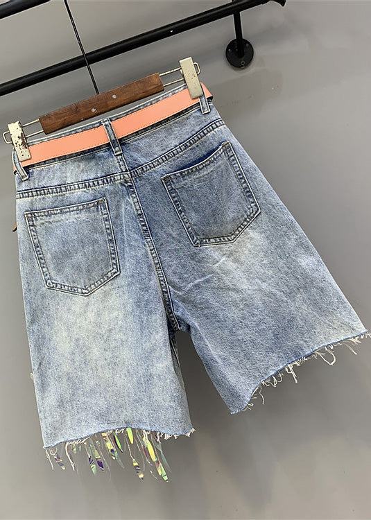 Women Blue Print Nail Bead Tassel Ripped Shorts TY1021 - fabuloryshop