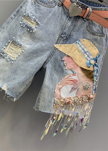 Women Blue Print Nail Bead Tassel Ripped Shorts LY7922