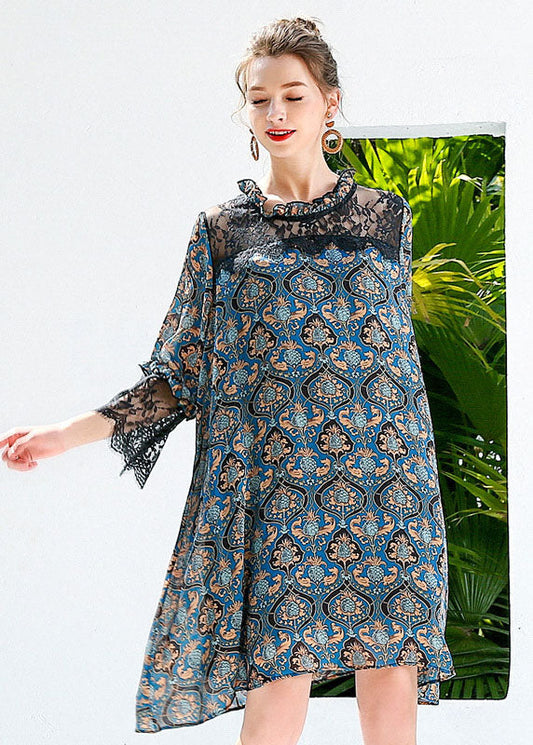 Women Blue Print Ruffled Lace Patchwork Hollow Out Chiffon Dresses Summer LY0247 - fabuloryshop