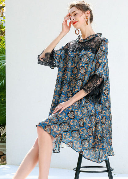 Women Blue Print Ruffled Lace Patchwork Hollow Out Chiffon Dresses Summer LY0247 - fabuloryshop