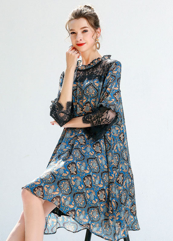 Women Blue Print Ruffled Lace Patchwork Hollow Out Chiffon Dresses Summer LY0247 - fabuloryshop