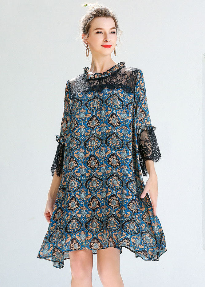 Women Blue Print Ruffled Lace Patchwork Hollow Out Chiffon Dresses Summer LY0247 - fabuloryshop