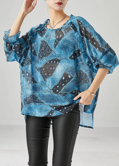 Women Blue Ruffled Print Chiffon Tanks Fall Ada Fashion