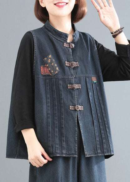 Women Blue Stand Collar Patchwork Denim Coat Sleeveless Ada Fashion