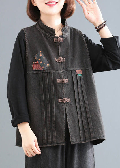 Women Blue Stand Collar Patchwork Denim Coat Sleeveless Ada Fashion