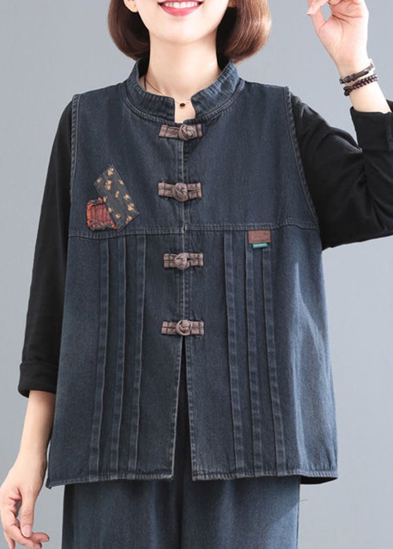 Women Blue Stand Collar Patchwork Denim Coat Sleeveless Ada Fashion