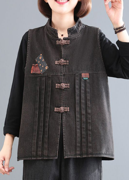 Women Blue Stand Collar Patchwork Denim Coat Sleeveless Ada Fashion