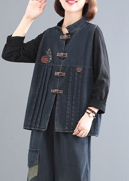 Women Blue Stand Collar Patchwork Denim Coat Sleeveless Ada Fashion