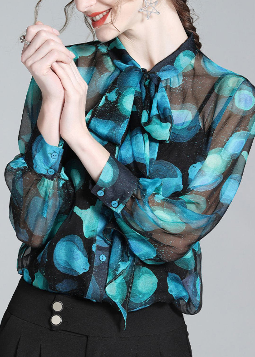 Women Blue Stand Collar Print Bow Silk Shirt Long Sleeve LY0730