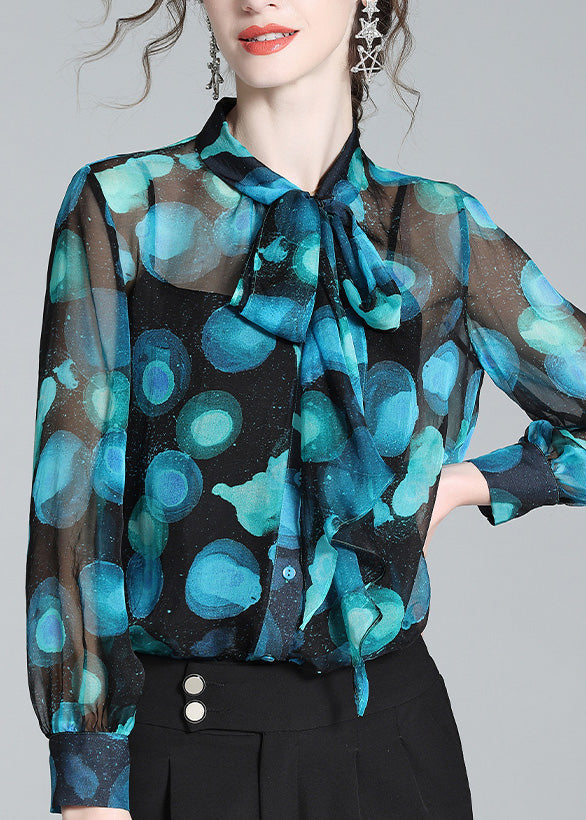 Women Blue Stand Collar Print Bow Silk Shirt Long Sleeve AC3036