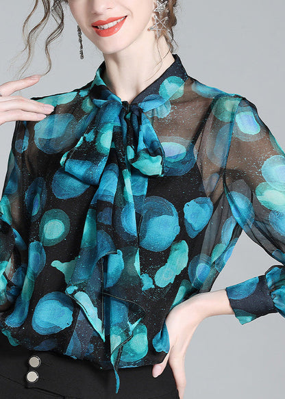 Women Blue Stand Collar Print Bow Silk Shirt Long Sleeve LY0730 - fabuloryshop