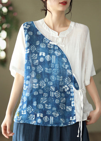 Women Blue Stand Collar Print Patchwork Linen Shirt Top Summer LY6174 - fabuloryshop