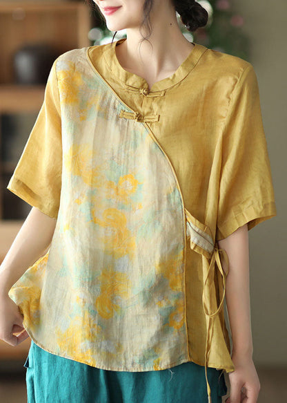 Women Blue Stand Collar Print Patchwork Linen Shirt Top Summer LY6174 - fabuloryshop