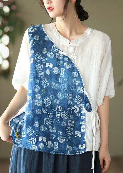 Women Blue Stand Collar Print Patchwork Linen Shirt Top Summer LY6174 - fabuloryshop