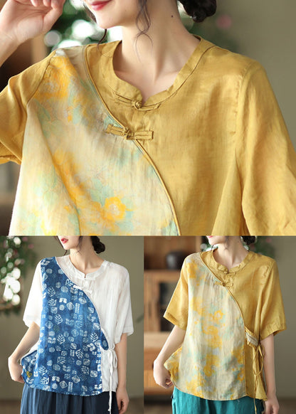 Women Blue Stand Collar Print Patchwork Linen Shirt Top Summer LY6174 - fabuloryshop