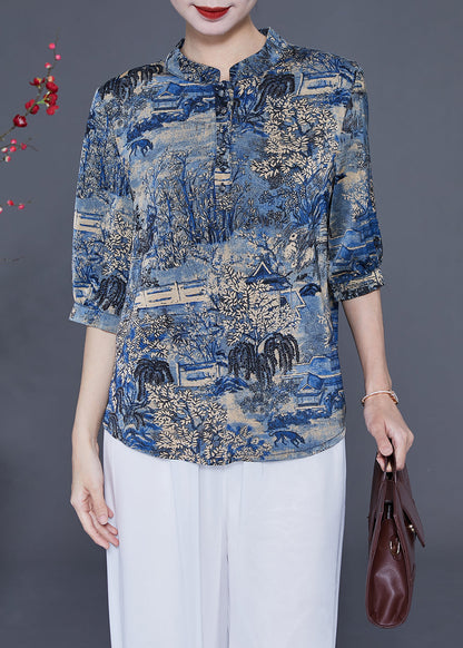 Women Blue Stand Collar Print Silk Shirt Tops Half Sleeve LY2351 - fabuloryshop