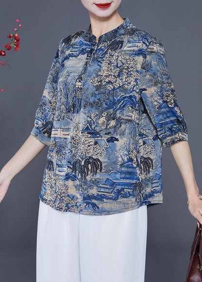 Women Blue Stand Collar Print Silk Shirt Tops Half Sleeve LY2351 - fabuloryshop